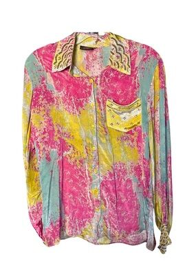 Shivali Vibrant Pink Yellow Teal Abstract Beaded Bollywood Button-Up Blouse Med